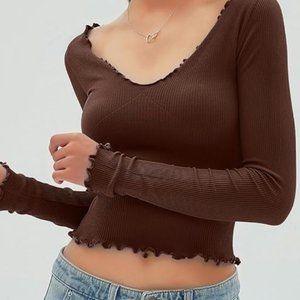 Long Sleeve Tops Ruffled Low Cut Basic Layering Tee Shirts